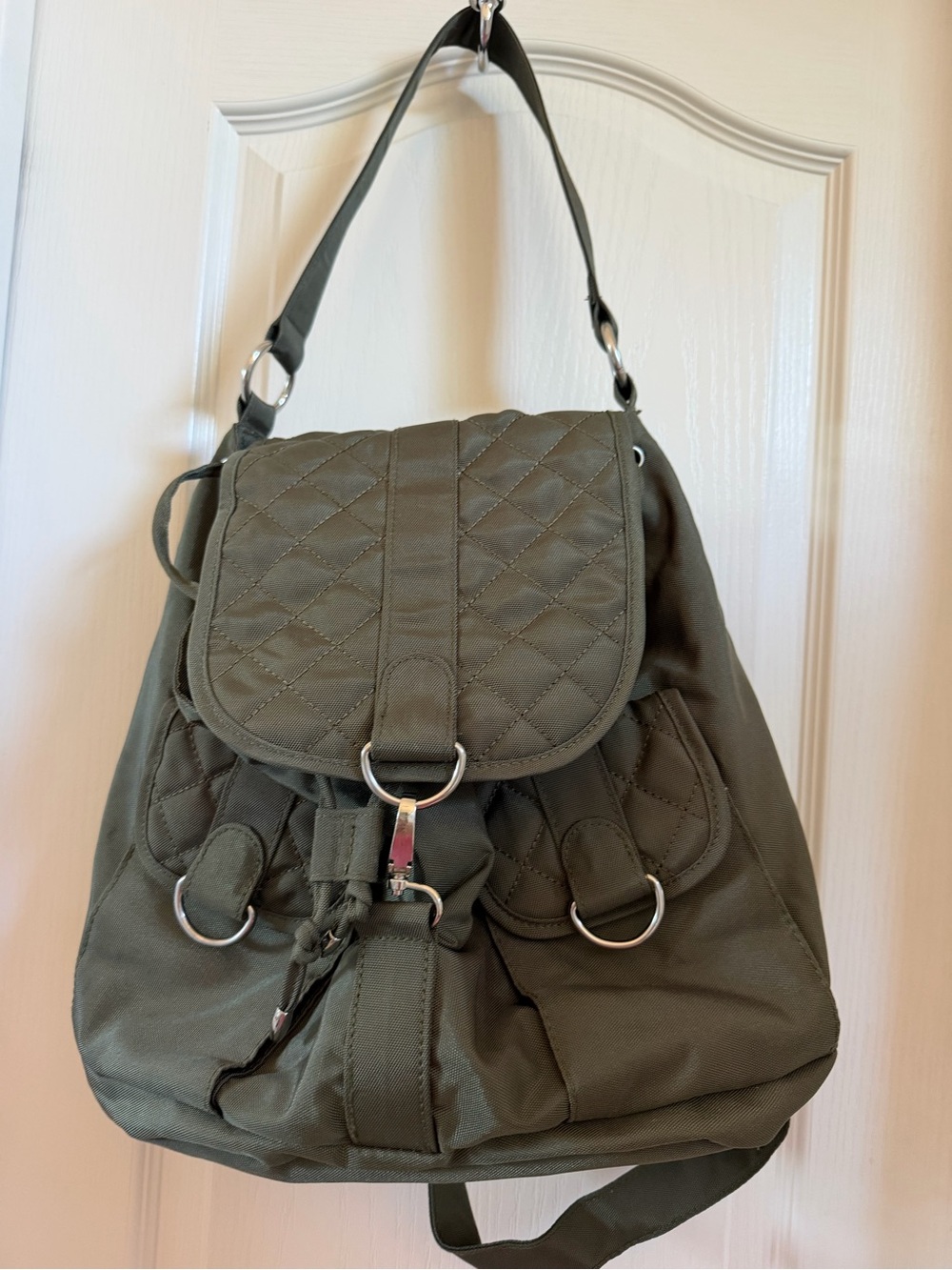 Travelon Quilted Olive Green Shoulder Backpack with Silver Hardware
